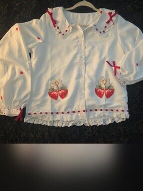 Closette blouse, a Peter Pan collar with red strawberry appliques.